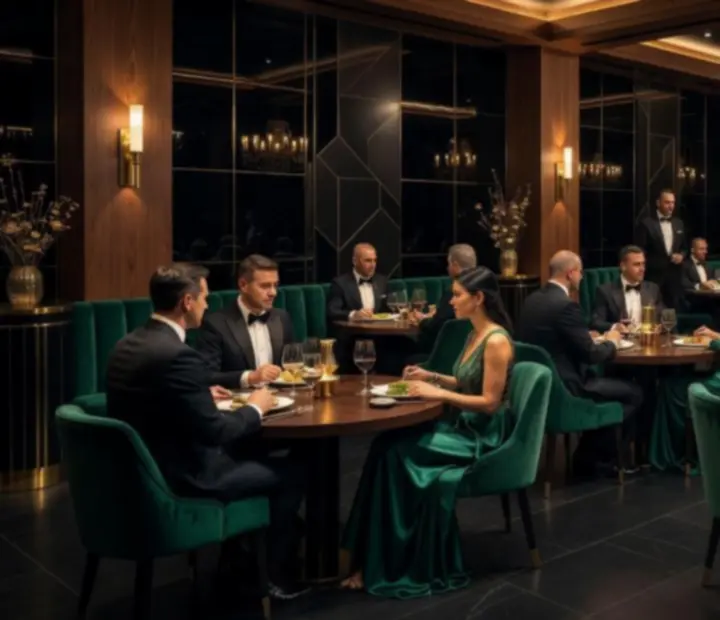 Cinematická panoráma reštaurácie PrestigeHaall s lounge pri teplom zlatom osvetlení