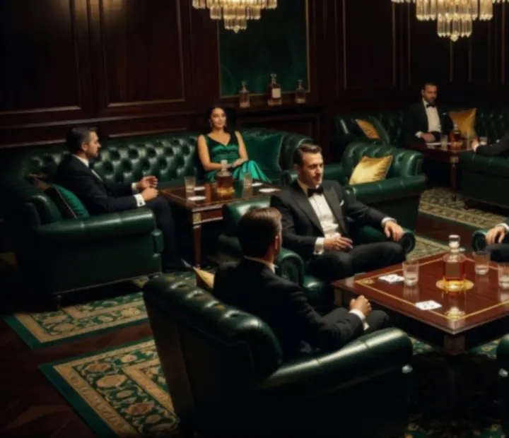 PrestigeHaall Lounge počas večera s jemným zlatým osvetlením a luxusným interiérom