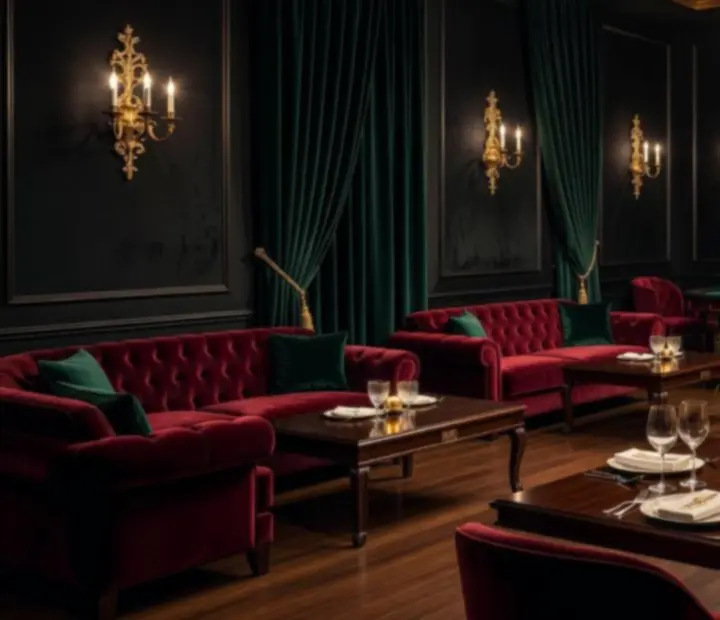 Luxusný interiér PrestigeHaall s tmavým drevom, zlatými detailmi a atmosférickým osvetlením