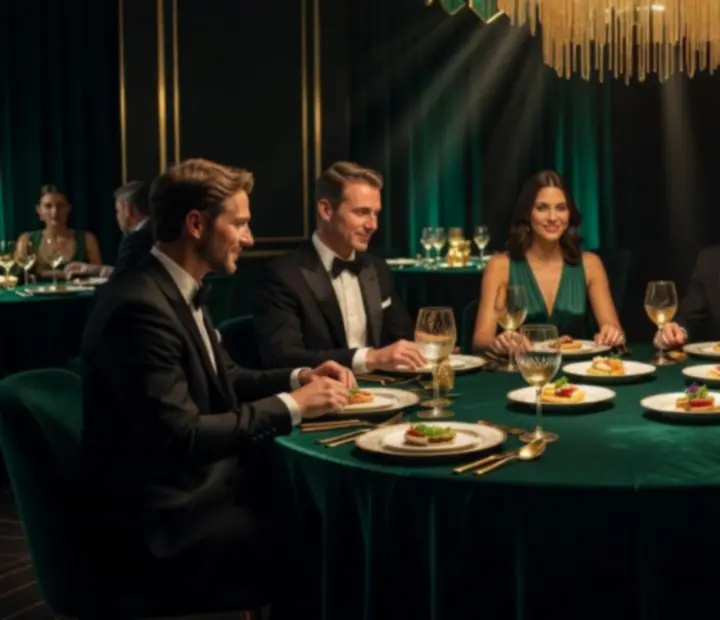 Cinematic záber na luxusný fine dining stôl v Bratislave s elegantným servírovaním jedla