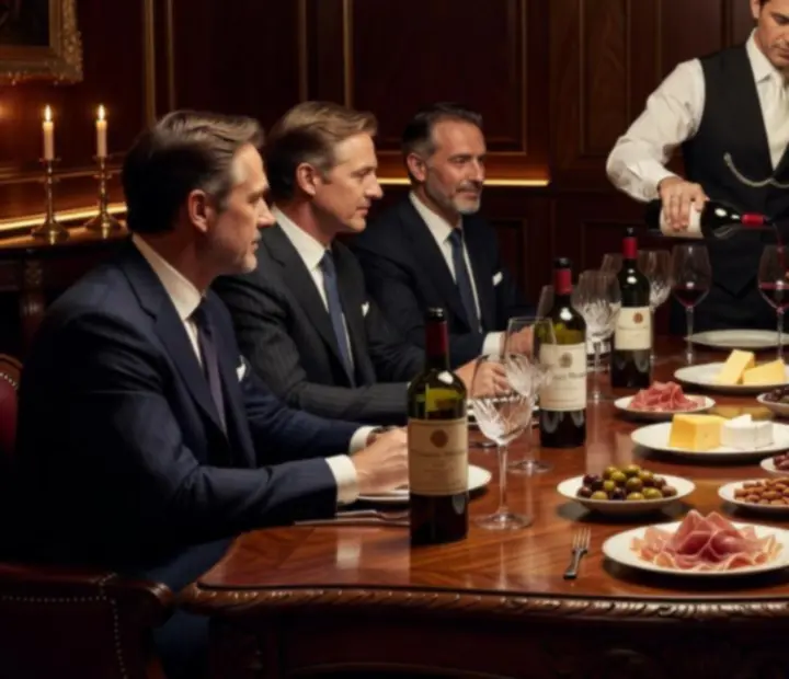 Luxusná degustácia vín vo VIP zóne s tmavým drevom a zlatými detailmi